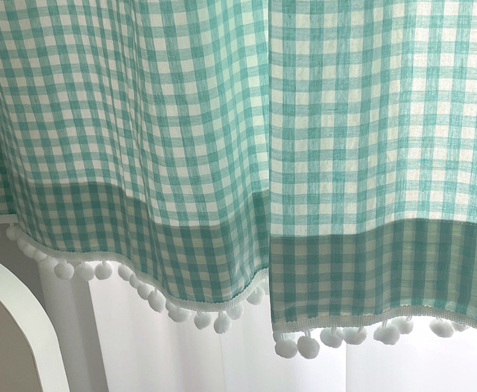 체크 폼폼 아이방 거실 커튼-아쿠아민트 맞춤제작 봄커튼