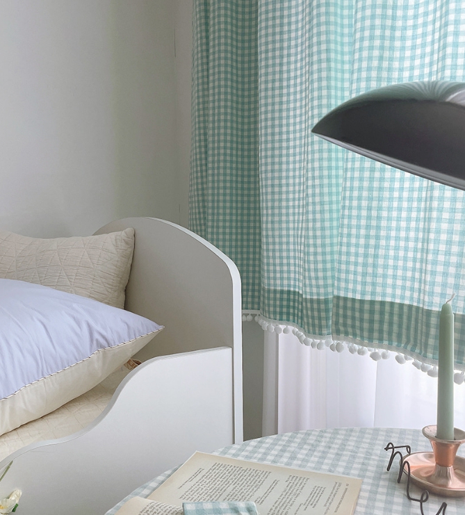 체크 폼폼 아이방 거실 커튼-아쿠아민트 맞춤제작 봄커튼