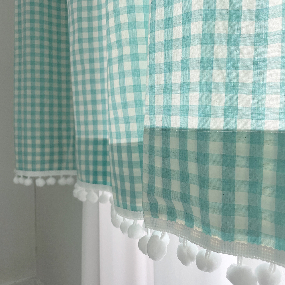 체크 폼폼 아이방 거실 커튼-아쿠아민트 맞춤제작 봄커튼