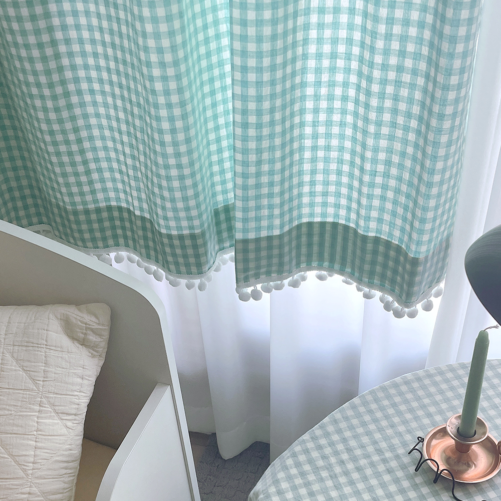 체크 폼폼 아이방 거실 커튼-아쿠아민트 맞춤제작 봄커튼