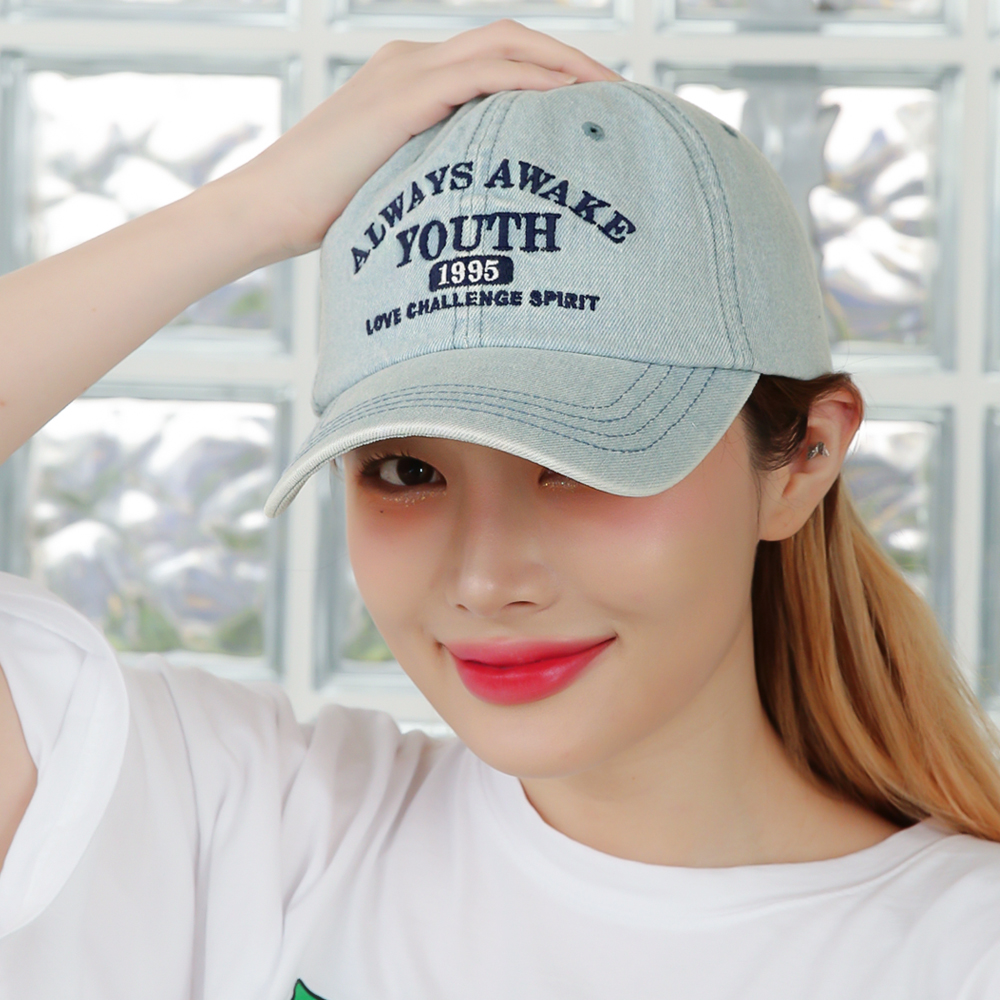 국내생산 YOUTH 1995 레터링 데님 볼캡 빈티지 캡모자 남녀공용 청지 야구모자 - 상품 이미지
