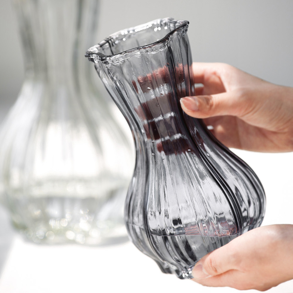 튤립 글라스 인테리어 유리 물결 화병 오브제 꽃병 장식 투명M