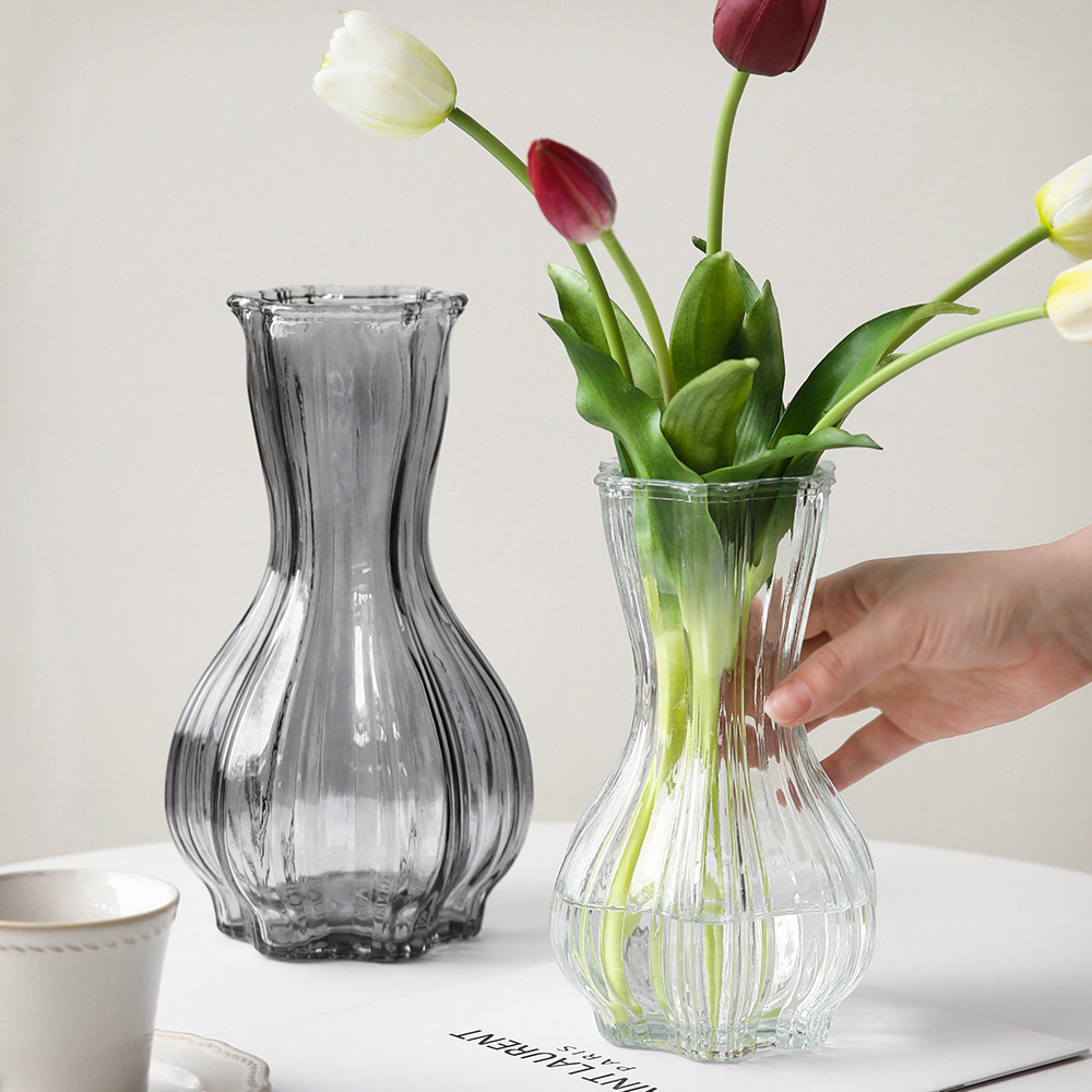 튤립 글라스 인테리어 유리 물결 화병 오브제 꽃병 장식 투명M