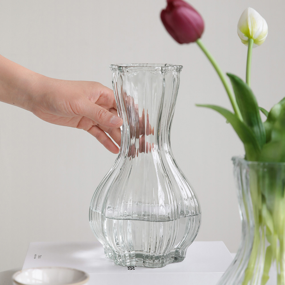 튤립 글라스 인테리어 유리 물결 화병 오브제 꽃병 장식 투명M