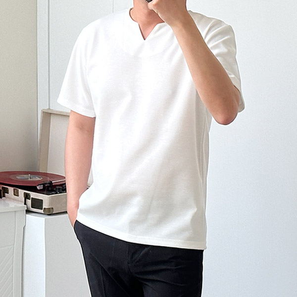 남자 V넥 반팔티셔츠 트임 분또 기본 무지 빅사이즈 - 상품 이미지