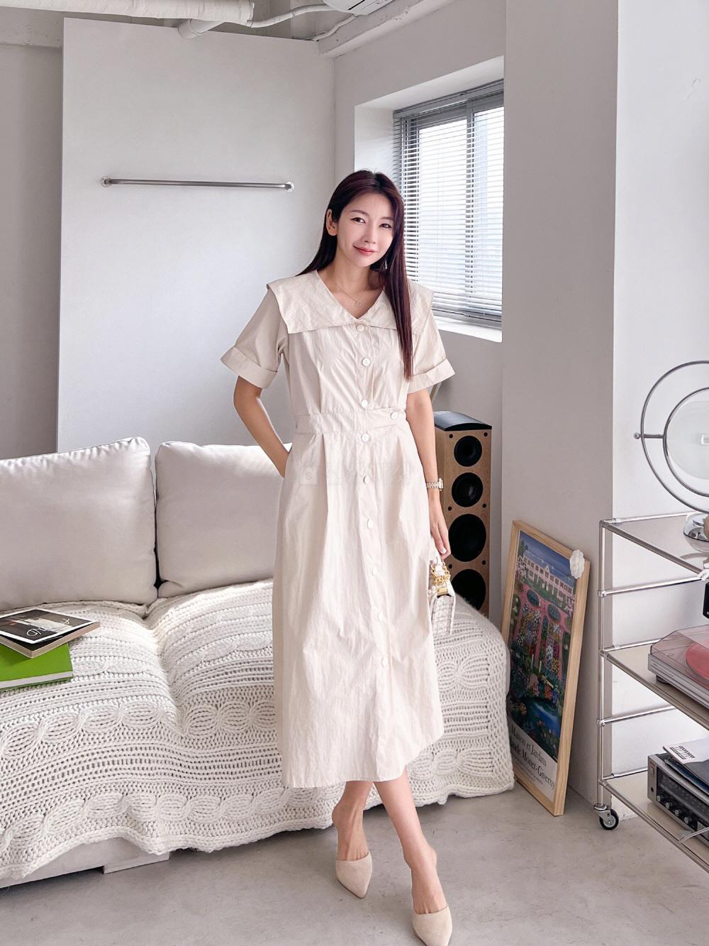 여름하객원피스 셔츠형 빅카라 자개버튼 반팔 롱원피스 - 상세 이미지 2