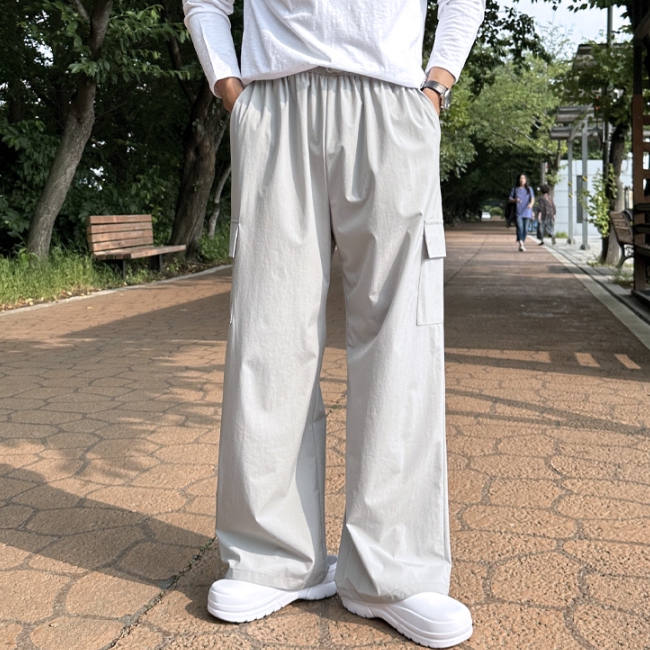 남자 손든 여름 쿨링 와이드 바스락 나일론 카고 팬츠 이미지 3