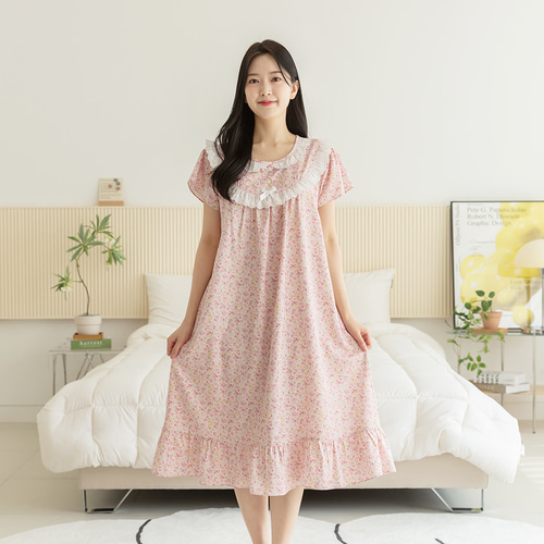 여성 잠옷 여자 원피스 반팔 파자마 홈웨어 꽃무늬 플라워 23S706-1 꽃향기2 이미지 3