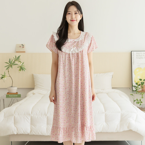 여성 잠옷 여자 원피스 반팔 파자마 홈웨어 꽃무늬 플라워 23S706-1 꽃향기2 이미지 4