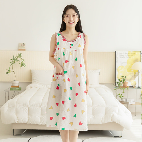 여성 잠옷 여자 파자마 민소매 원피스 이지웨어 홈웨어 23S352 하트 이미지 2