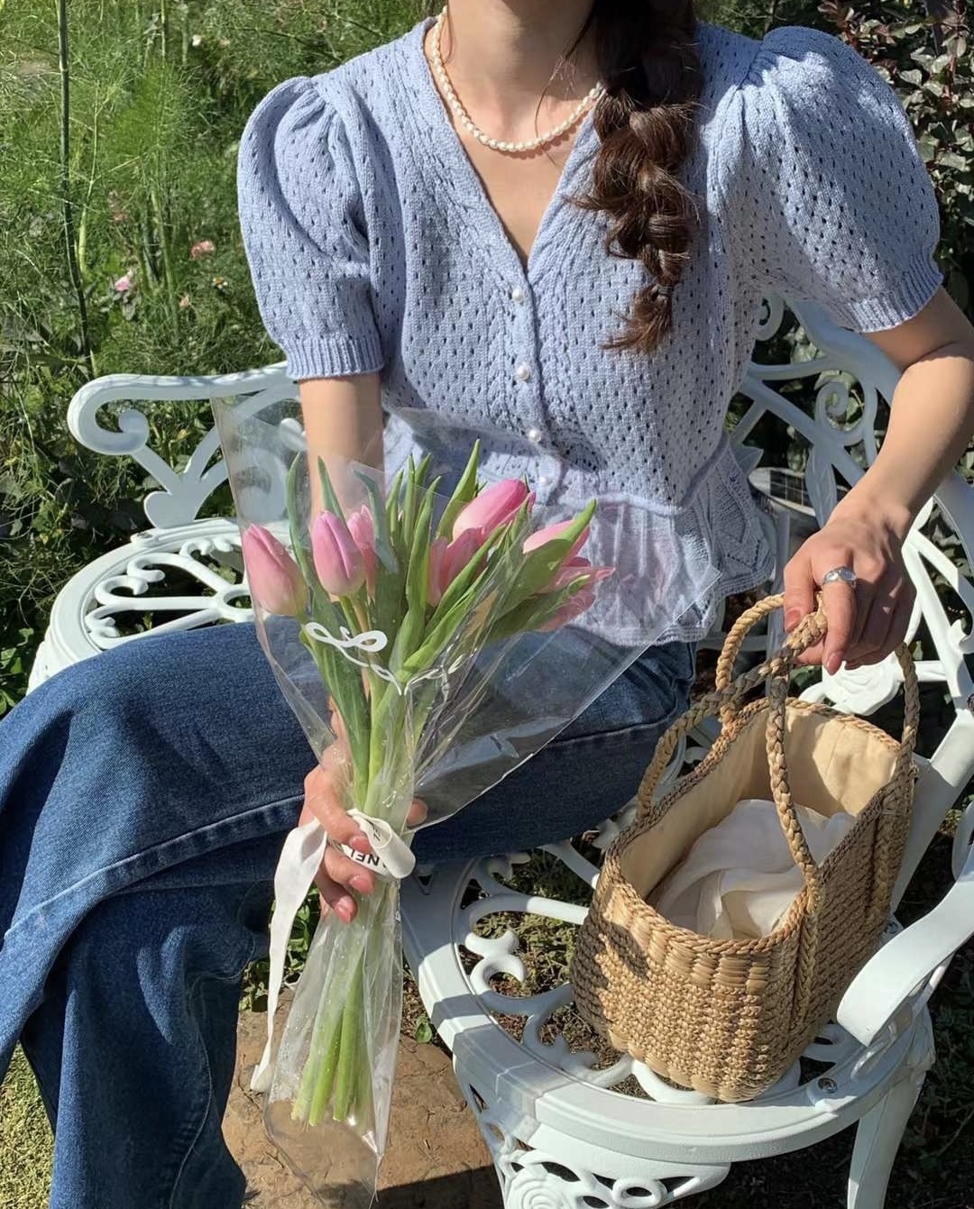 미코 브이넥 여름 소매 벌룬 반팔 퍼프 뜨개 펀칭 스카치 단추 니트 가디건