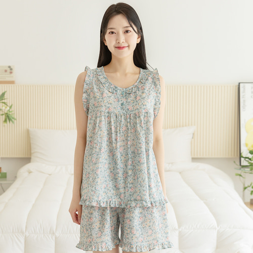 여성 잠옷 여자 파자마 민소매 투피스 꽃무늬 플라워 이지웨어 홈웨어 23S746 스몰플라워 이미지 2