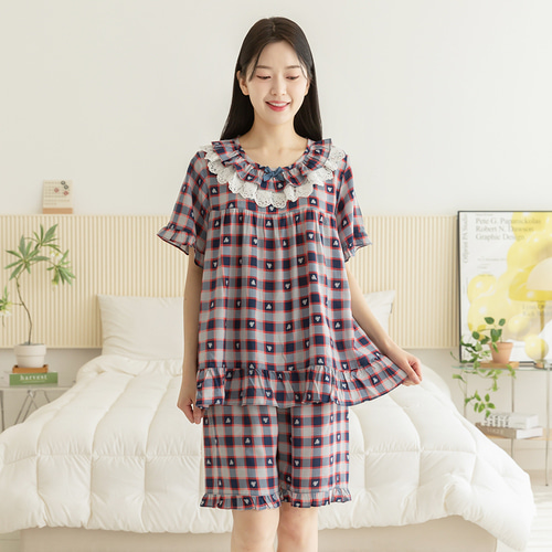여성 잠옷 여자 파자마 반팔 투피스 이지웨어 홈웨어 23S742 체크 이미지 3