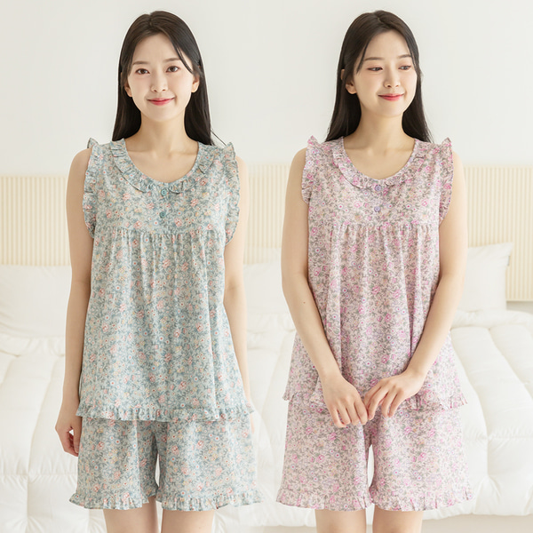 여성 잠옷 여자 파자마 민소매 투피스 꽃무늬 플라워 이지웨어 홈웨어 23S746 스몰플라워 이미지 1
