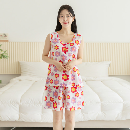 여성 잠옷 여자 파자마 투피스 민소매 이지웨어 홈웨어 꽃무늬 23S351 플라워 이미지 4