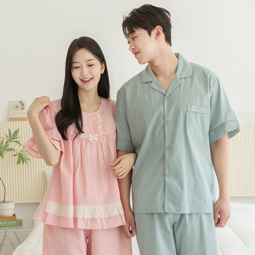 여성 면 잠옷 남자 파자마 반팔 커플잠옷 신혼부부 연인 401-301 로망스 이미지 2