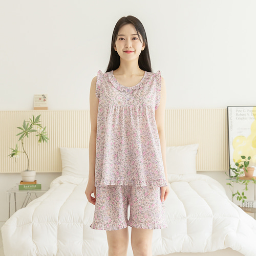 여성 잠옷 여자 파자마 민소매 투피스 꽃무늬 플라워 이지웨어 홈웨어 23S746 스몰플라워 이미지 4