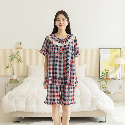 여성 잠옷 여자 파자마 반팔 투피스 이지웨어 홈웨어 23S742 체크 이미지 2