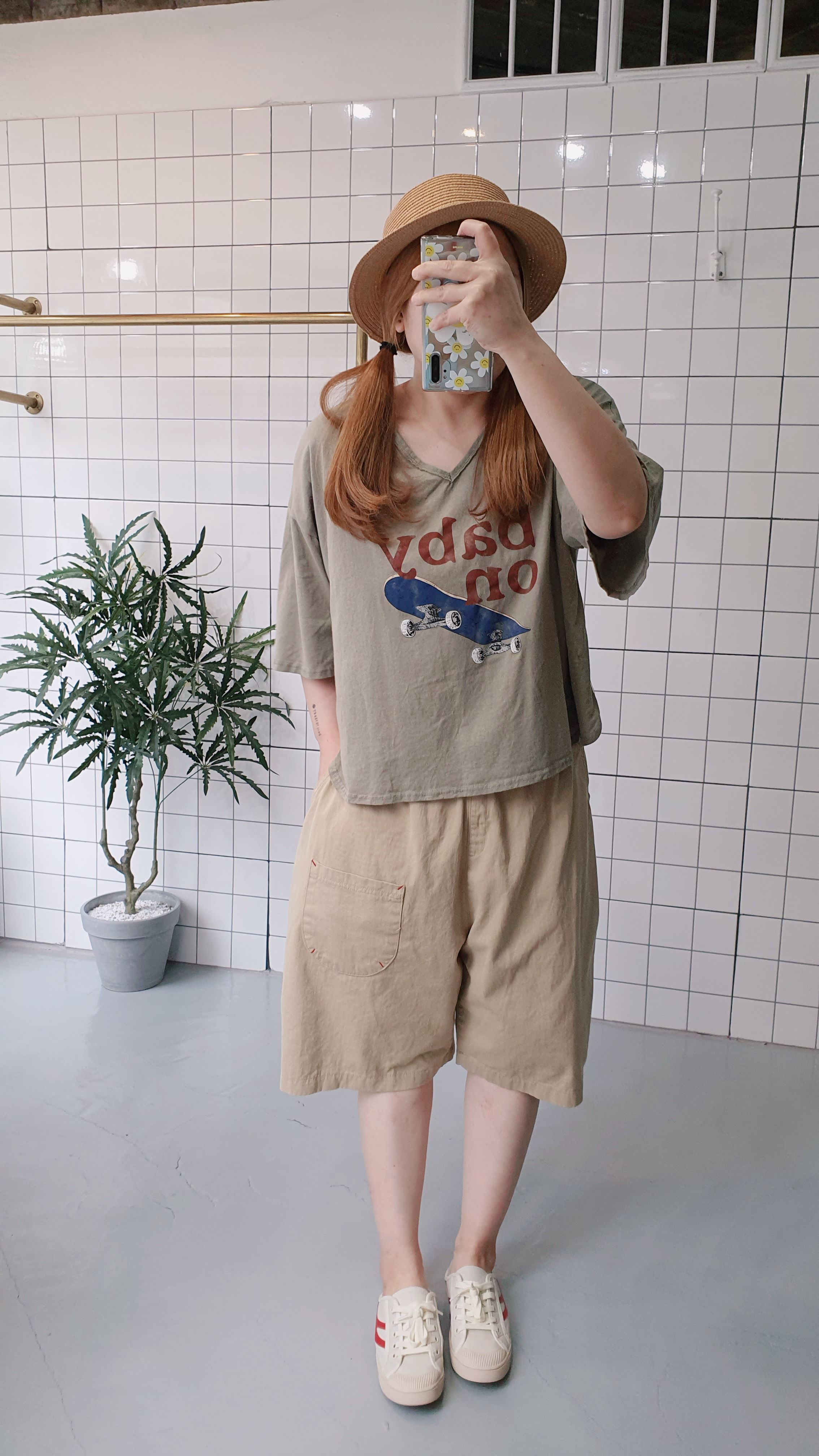 치마바지핏 레드스티치 면 반바지 - 상세 이미지 3