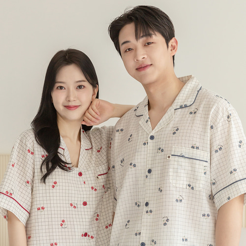 커플잠옷 여성 남자 반팔 잠옷 신혼부부 연인 파자마 810_710 체크체리 - 상세 이미지 2