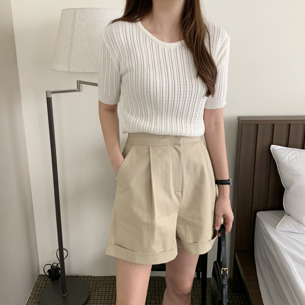 카브라 하이웨스트 여성 반바지 면 팬츠 여자여름바지 4부 썸머 반바지 핀턱 A라인 숏팬츠 - 상세 이미지 4