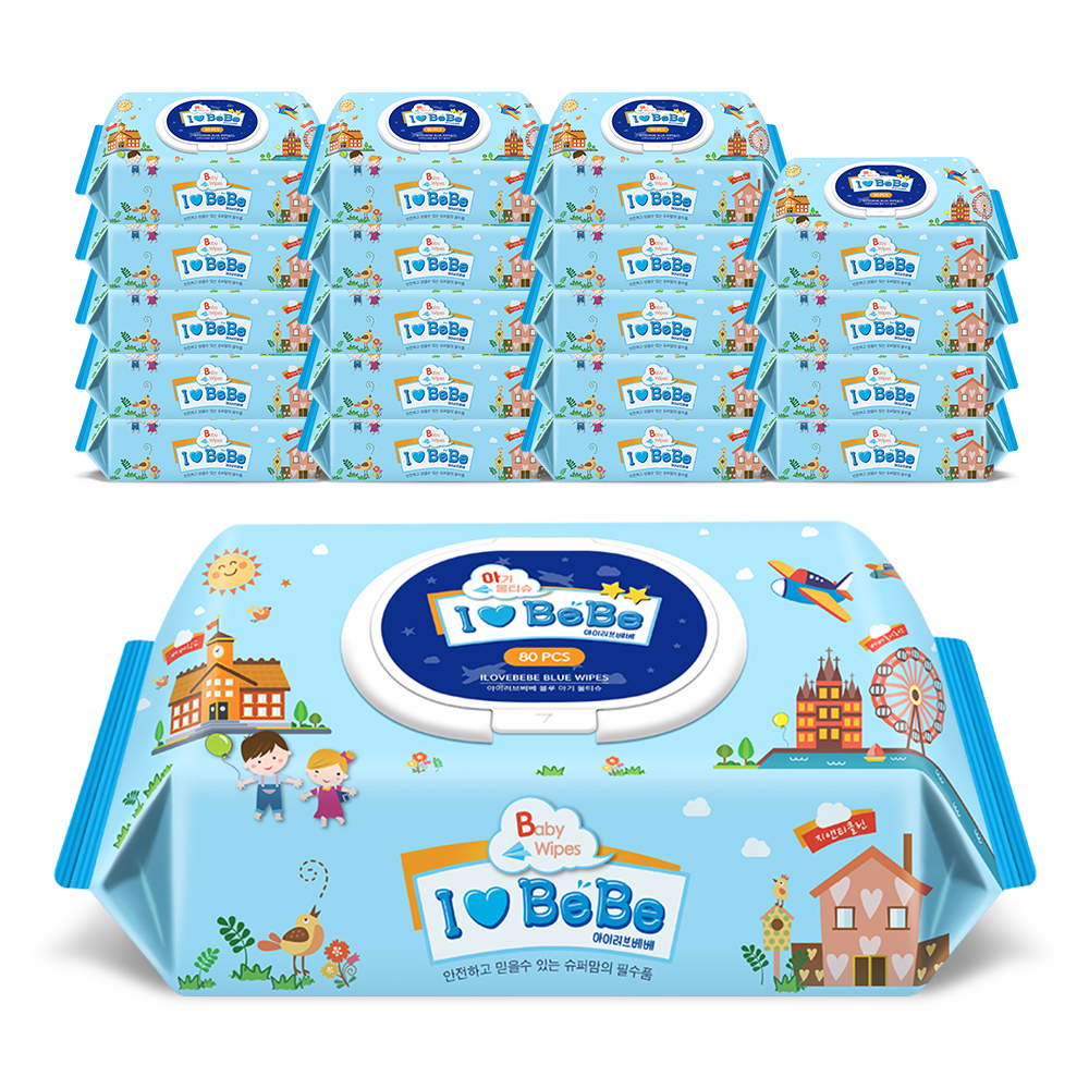 아이러브베베 엠보 블루 80매 캡형 20팩 아기물티슈