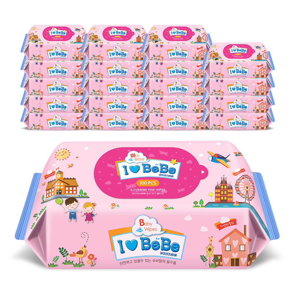 아이러브베베 아기물티슈 핑크 100매 20팩 리필형 대용량