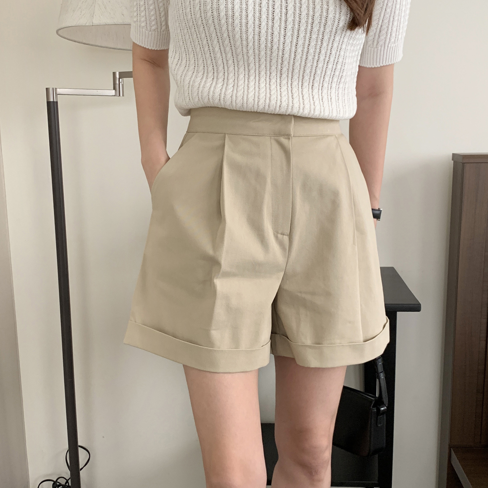 카브라 하이웨스트 여성 반바지 면 팬츠 여자여름바지 4부 썸머 반바지 핀턱 A라인 숏팬츠 - 상세 이미지 5