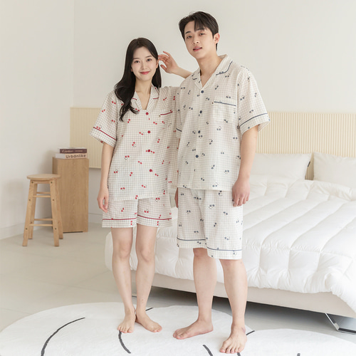 커플잠옷 여성 남자 반팔 잠옷 신혼부부 연인 파자마 810_710 체크체리 - 상세 이미지 4