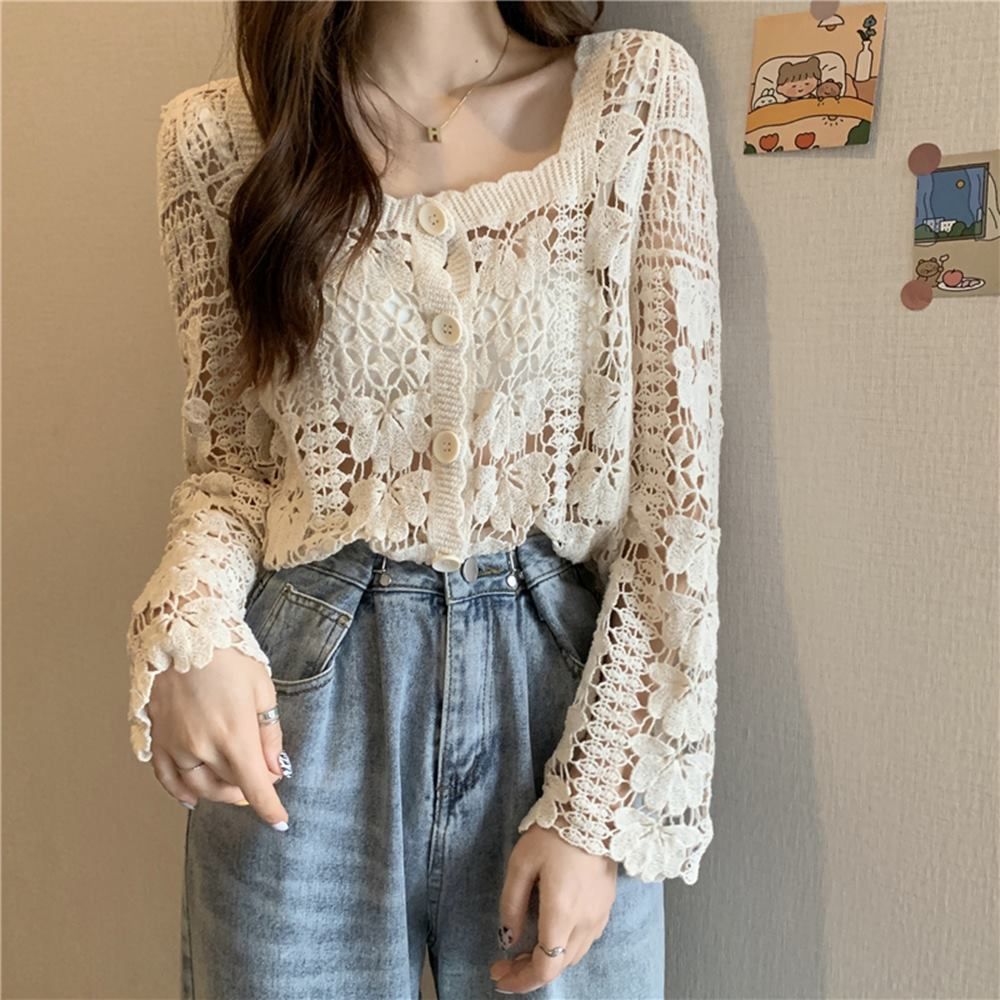 가을 뜨개 가디건 긴팔 펀칭 그물 볼레로 스카시 꽃자수 - 상세 이미지 3