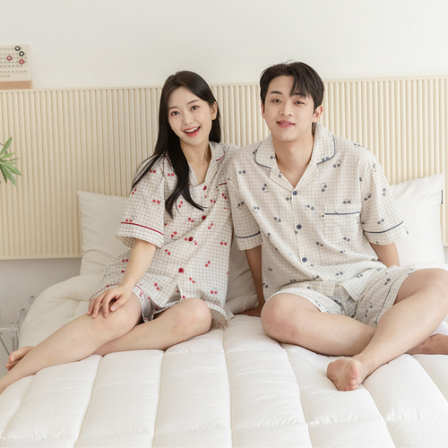 커플잠옷 여성 남자 반팔 잠옷 신혼부부 연인 파자마 810_710 체크체리 - 상세 이미지 5