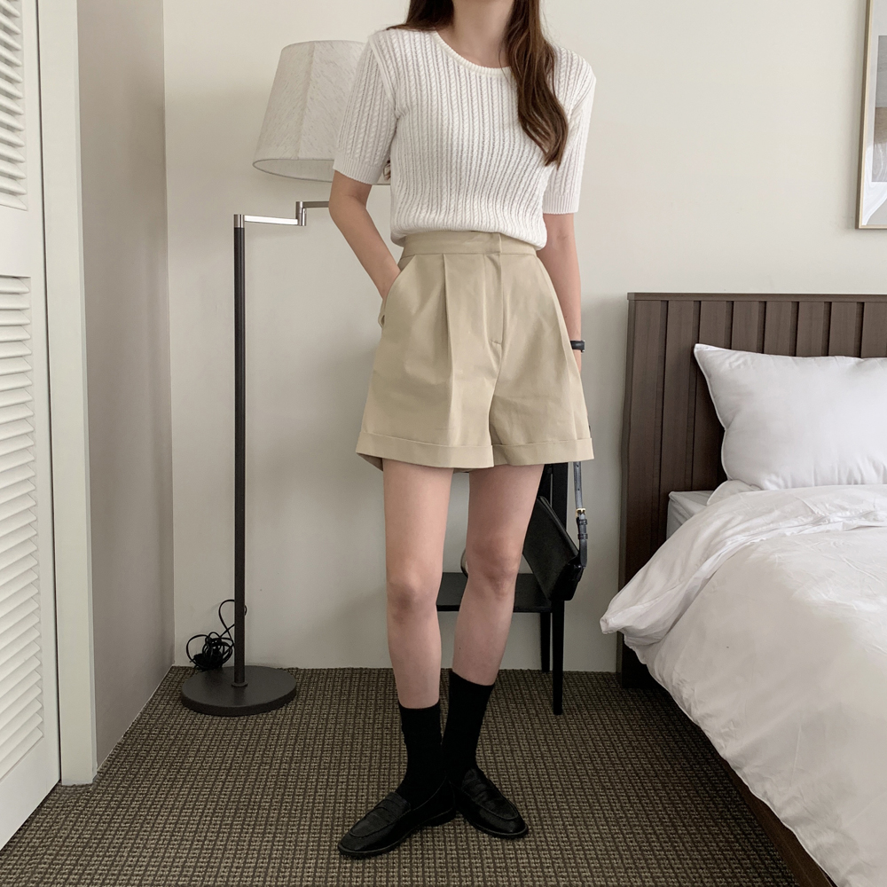 카브라 하이웨스트 여성 반바지 면 팬츠 여자여름바지 4부 썸머 반바지 핀턱 A라인 숏팬츠 - 상세 이미지 2