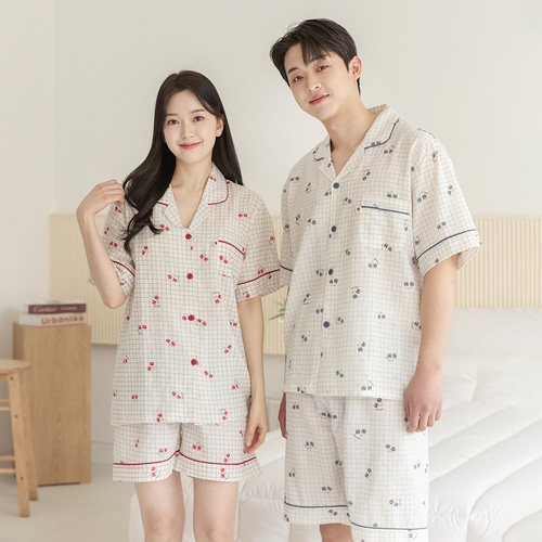 커플잠옷 여성 남자 반팔 잠옷 신혼부부 연인 파자마 810_710 체크체리 - 상세 이미지 3