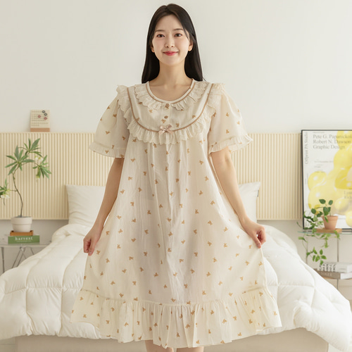 여성 잠옷 여자 파자마 반팔 원피스 홈웨어 23S740 작은곰 - 상세 이미지 2