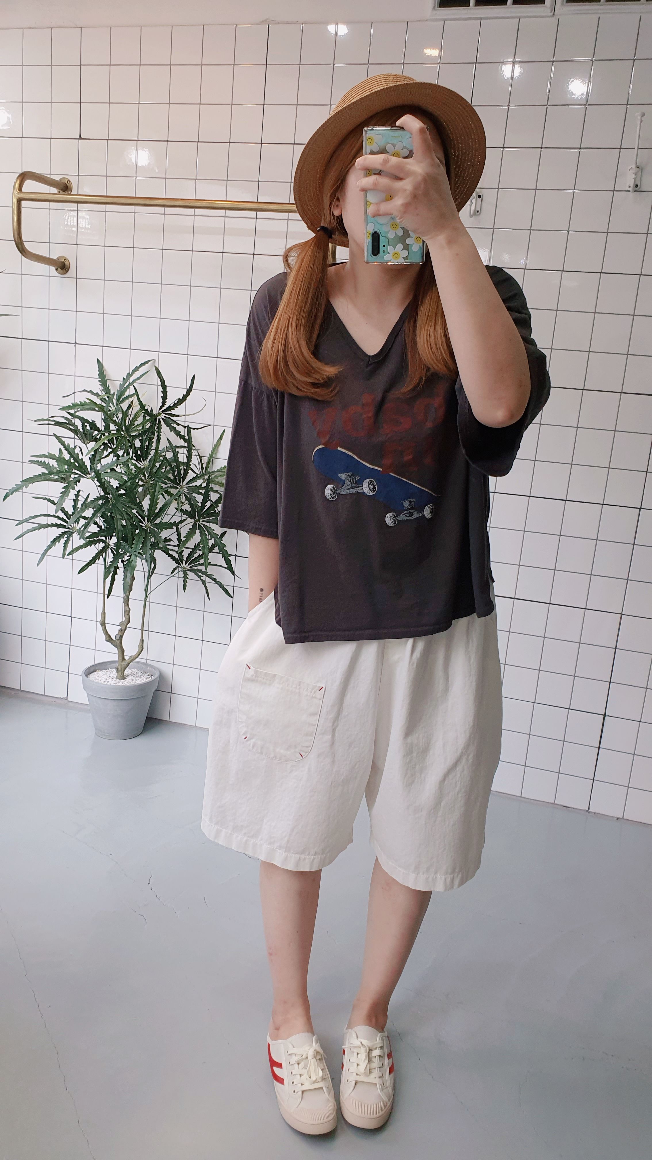 치마바지핏 레드스티치 면 반바지 - 상세 이미지 4