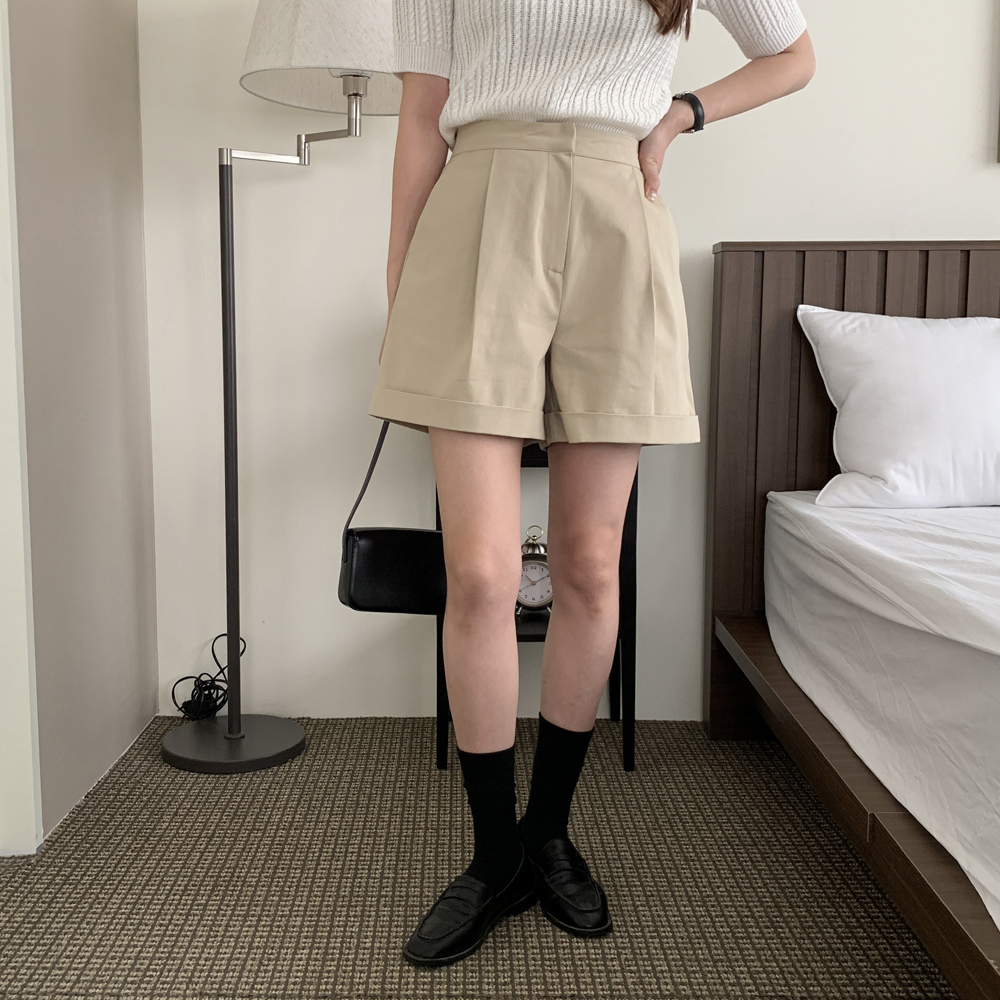 카브라 하이웨스트 여성 반바지 면 팬츠 여자여름바지 4부 썸머 반바지 핀턱 A라인 숏팬츠 - 상세 이미지 3