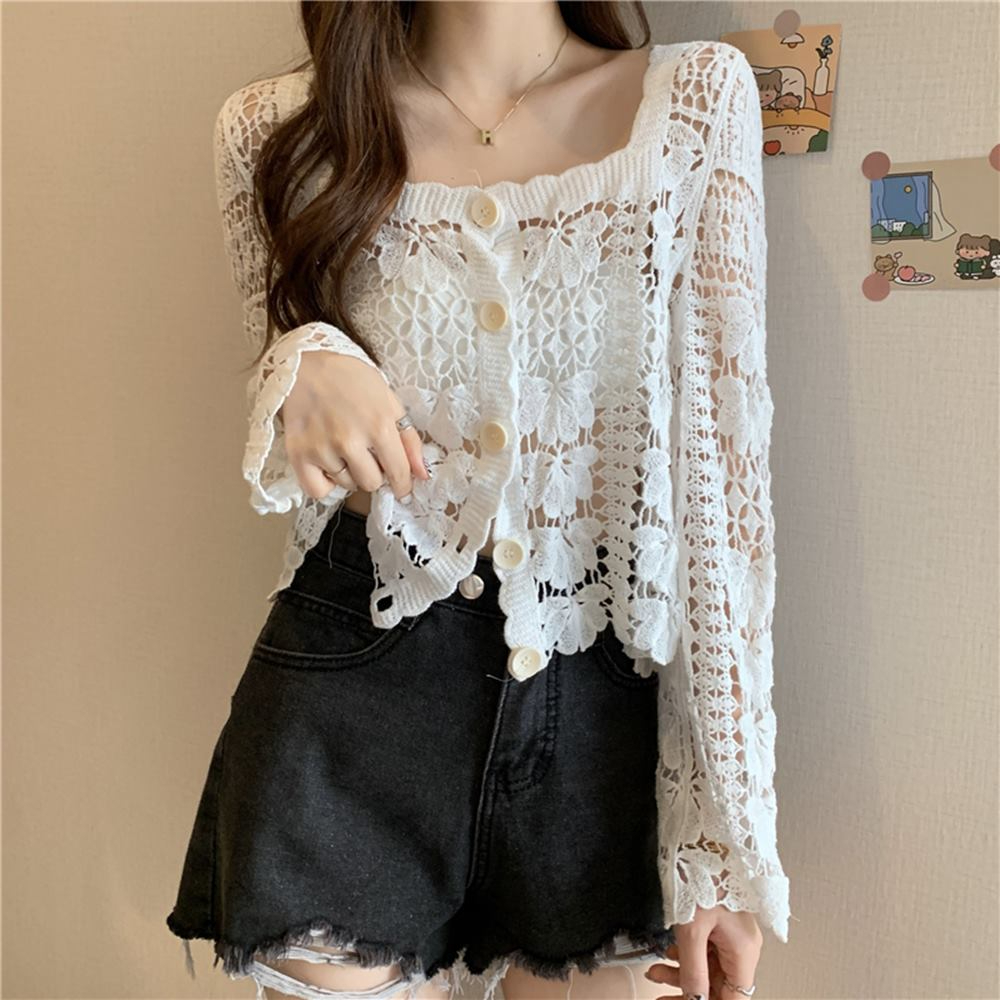 가을 뜨개 가디건 긴팔 펀칭 그물 볼레로 스카시 꽃자수 - 상세 이미지 2
