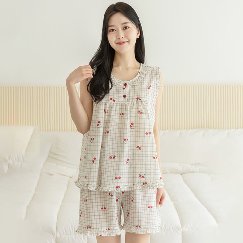여성 잠옷 여자 파자마 민소매 투피스 이지웨어 홈웨어 23S745 체크체리 이미지 4
