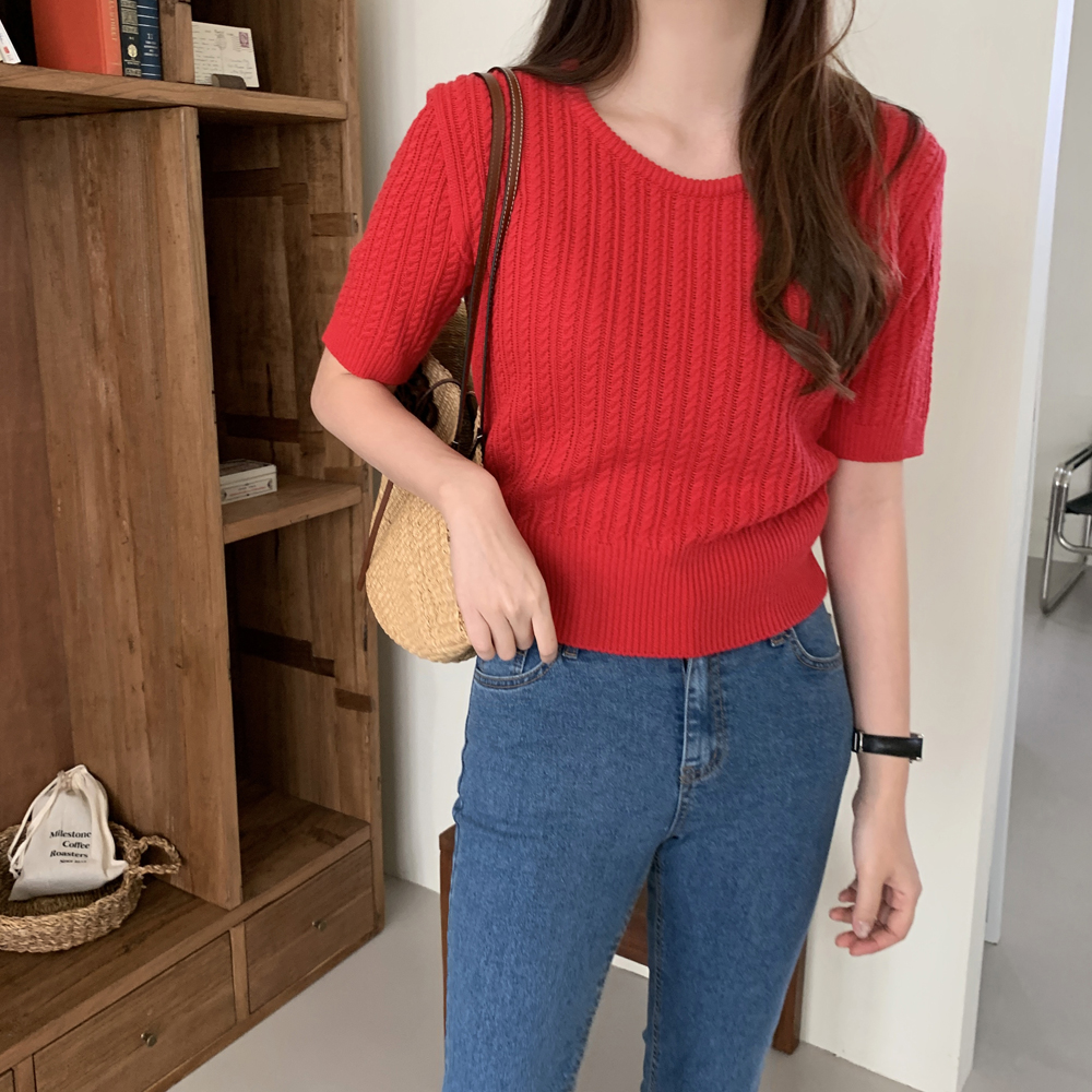 데일리 유넥 세미 크롭 케이블니트 꽈배기 여성 여름니트 가을 여자 반팔니트 티 레드 핑크