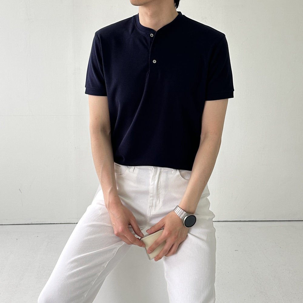 남자반팔티 정장 헨리넥 여름니트 머슬핏반팔 - 상세 이미지 2