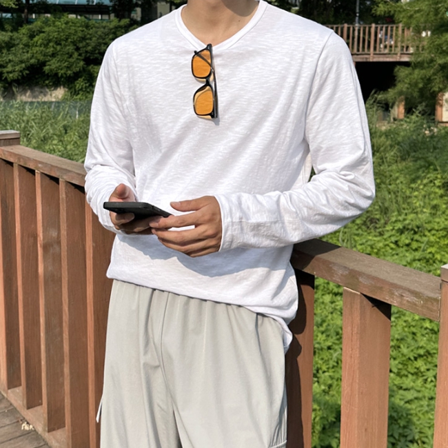 1+1 남자 타자와 봄 가을 슬라브 무지 박스 면 긴팔티 이미지 4