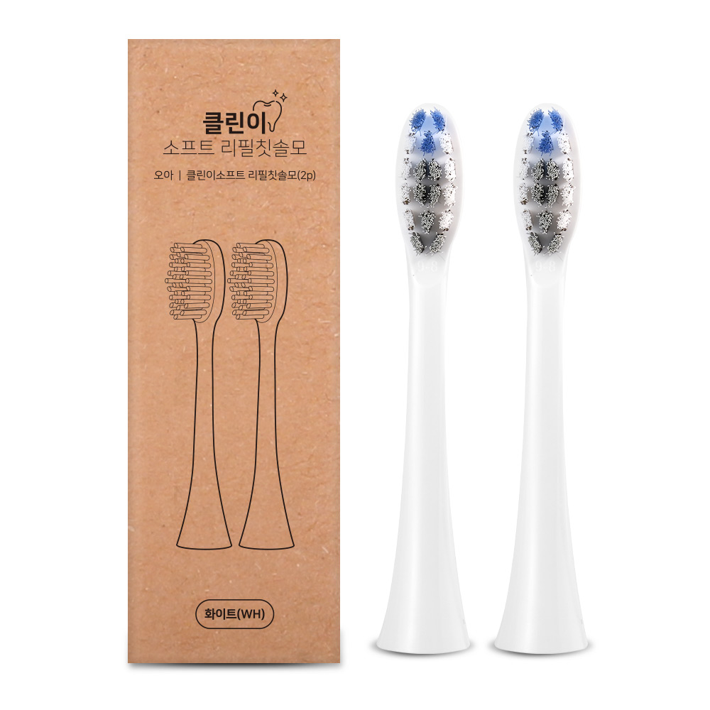 클린이 소프트 시리즈 화이트 칫솔모 2개와 크래프트 패키지를 함께 표시한 상품 구성도