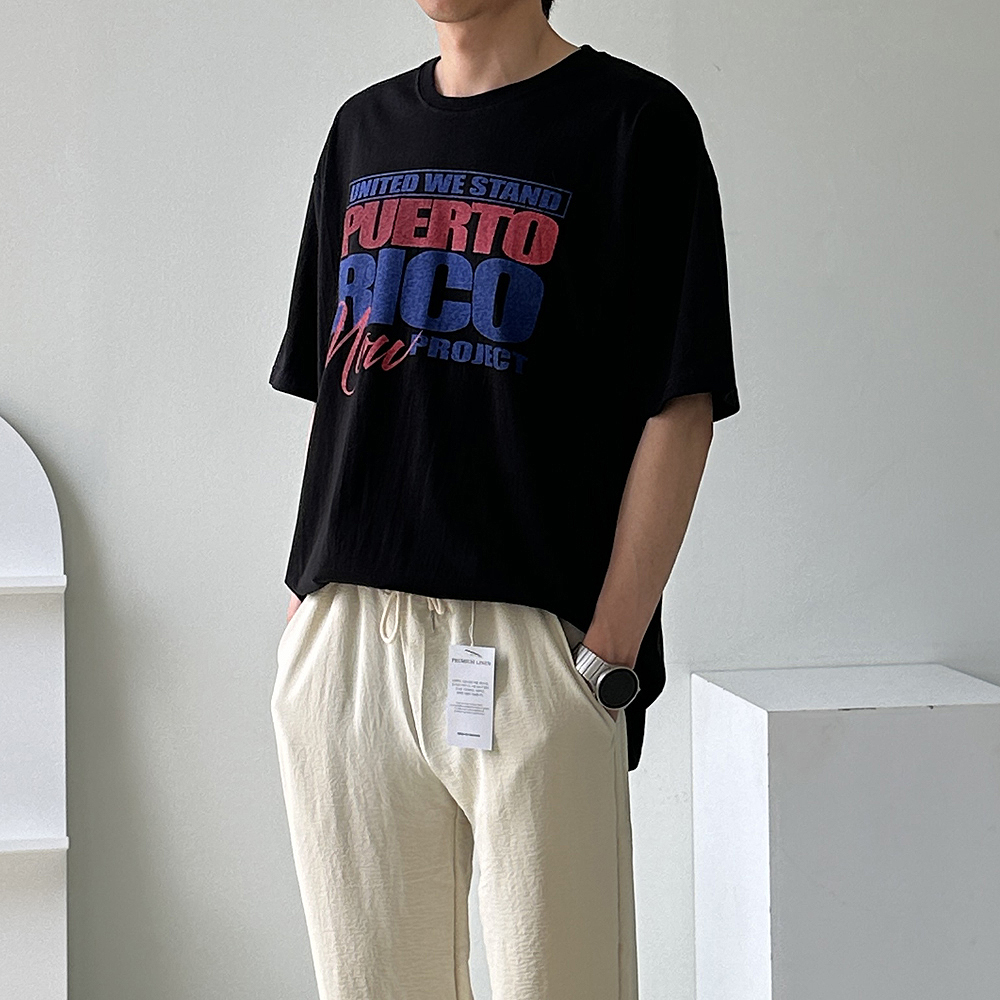남자반팔티 오버핏 레터링 린넨 커플반팔티 이미지 2