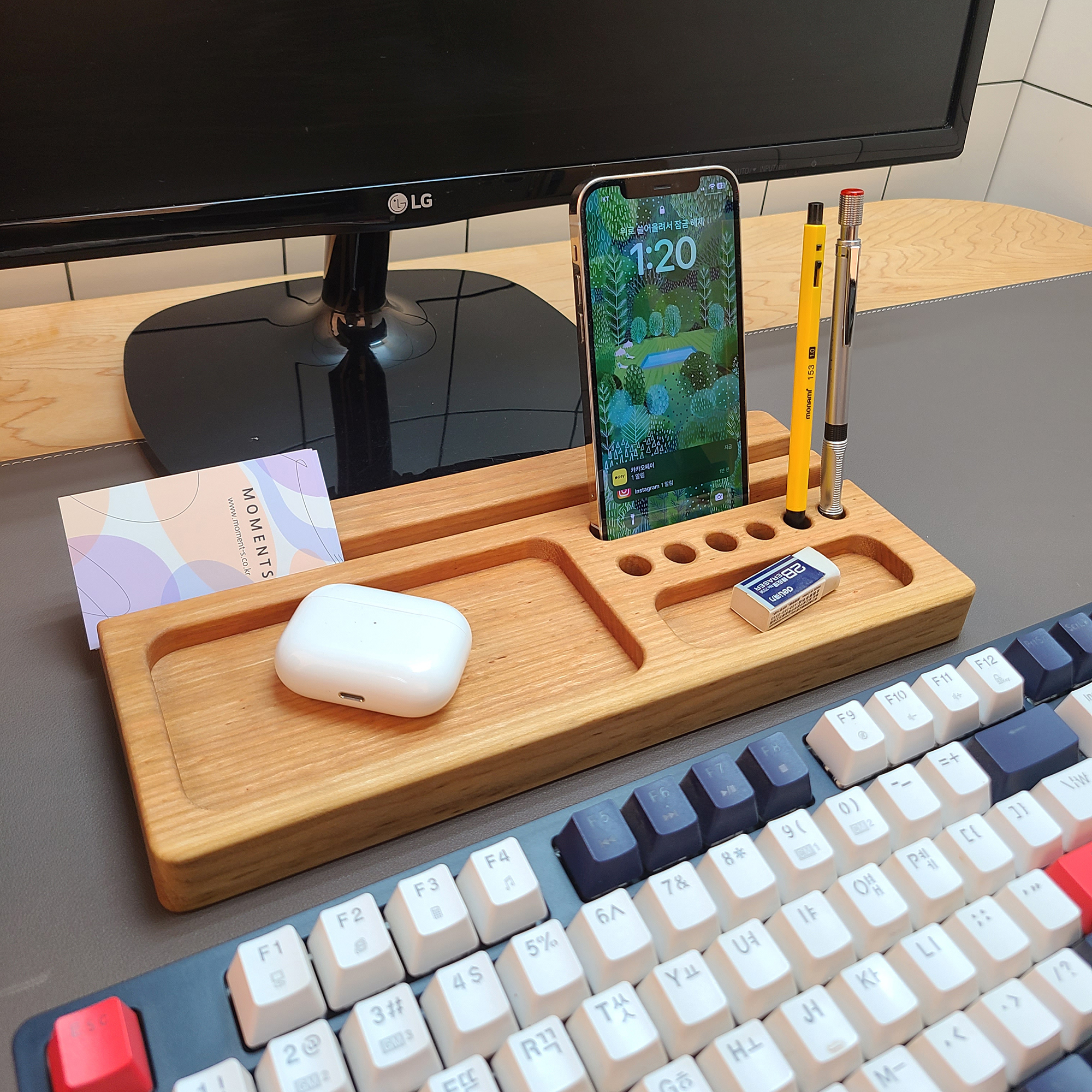 원목 우드 연필꽂이 선반형 책상정리 데스크테리어 태블릿거치대