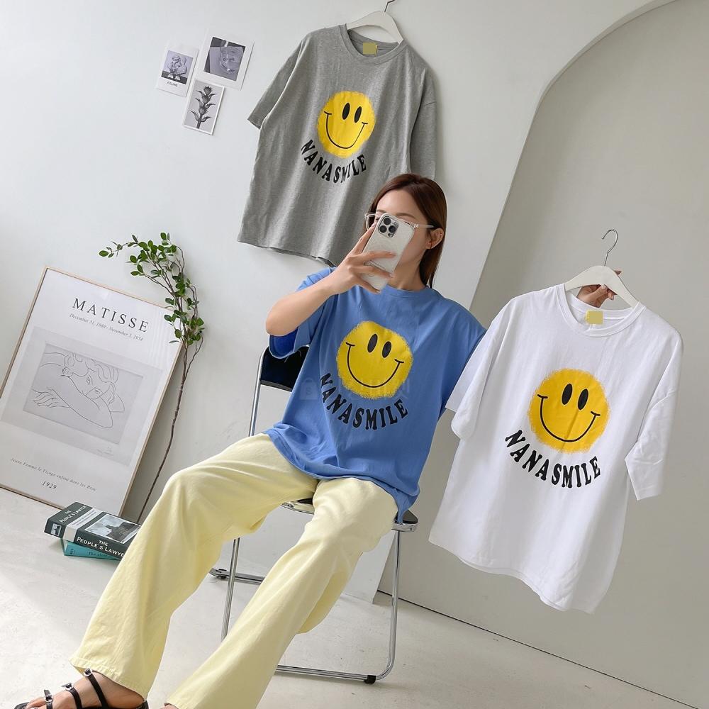 여성반팔티 스마일 오버핏 레터링 프린팅 면 반팔 티셔츠 - 상세 이미지 4