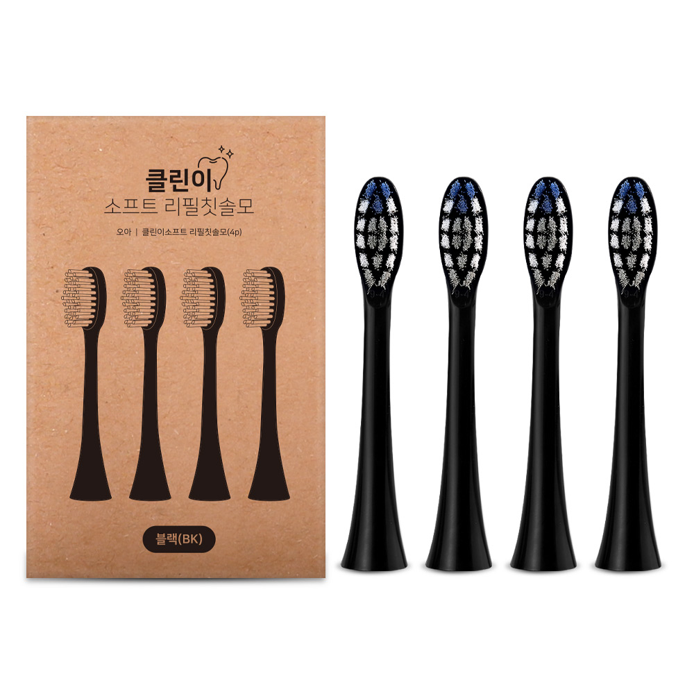 클린이 스윙바스 전용 블랙 칫솔모 4개가 나열된 프리미엄 리필 칫솔모 풀 패키지