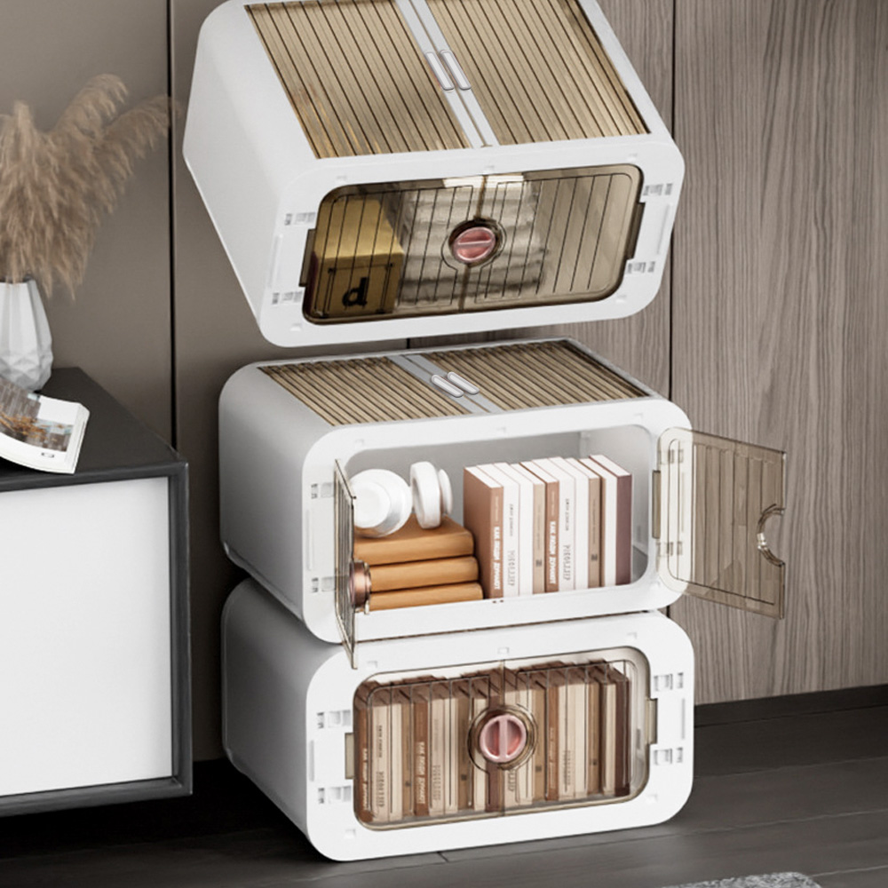 쓰리도어 화이트 투명 리빙박스 접이식 폴딩박스 중형 옷정리함