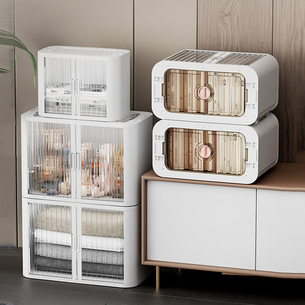 쓰리도어 화이트 투명 리빙박스 접이식 폴딩박스 중형 옷정리함