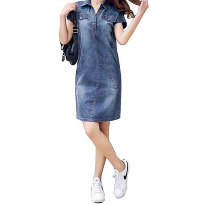 여성용 라지 반팔 데님 원피스 V넥 A라인 스커트 - 상세 이미지 2