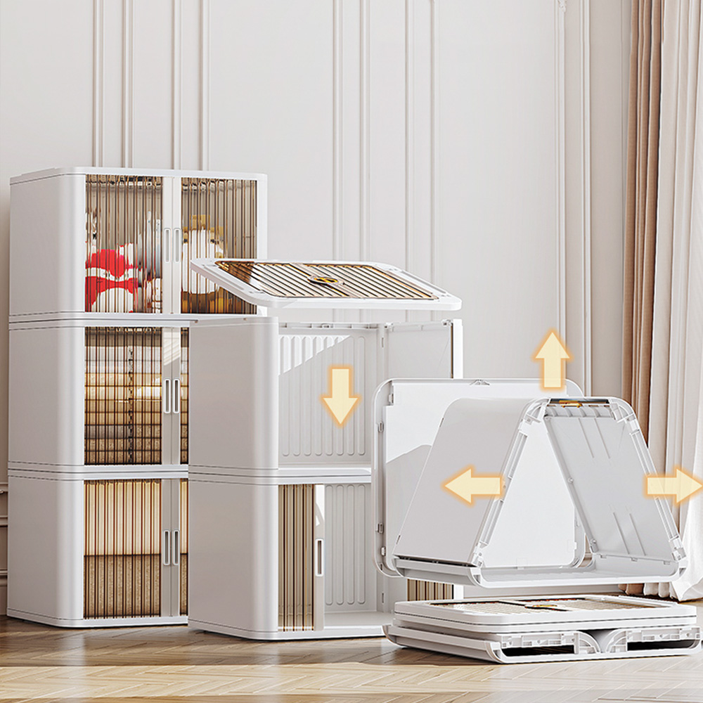 쓰리도어 화이트 투명 리빙박스 접이식 폴딩박스 중형 옷정리함